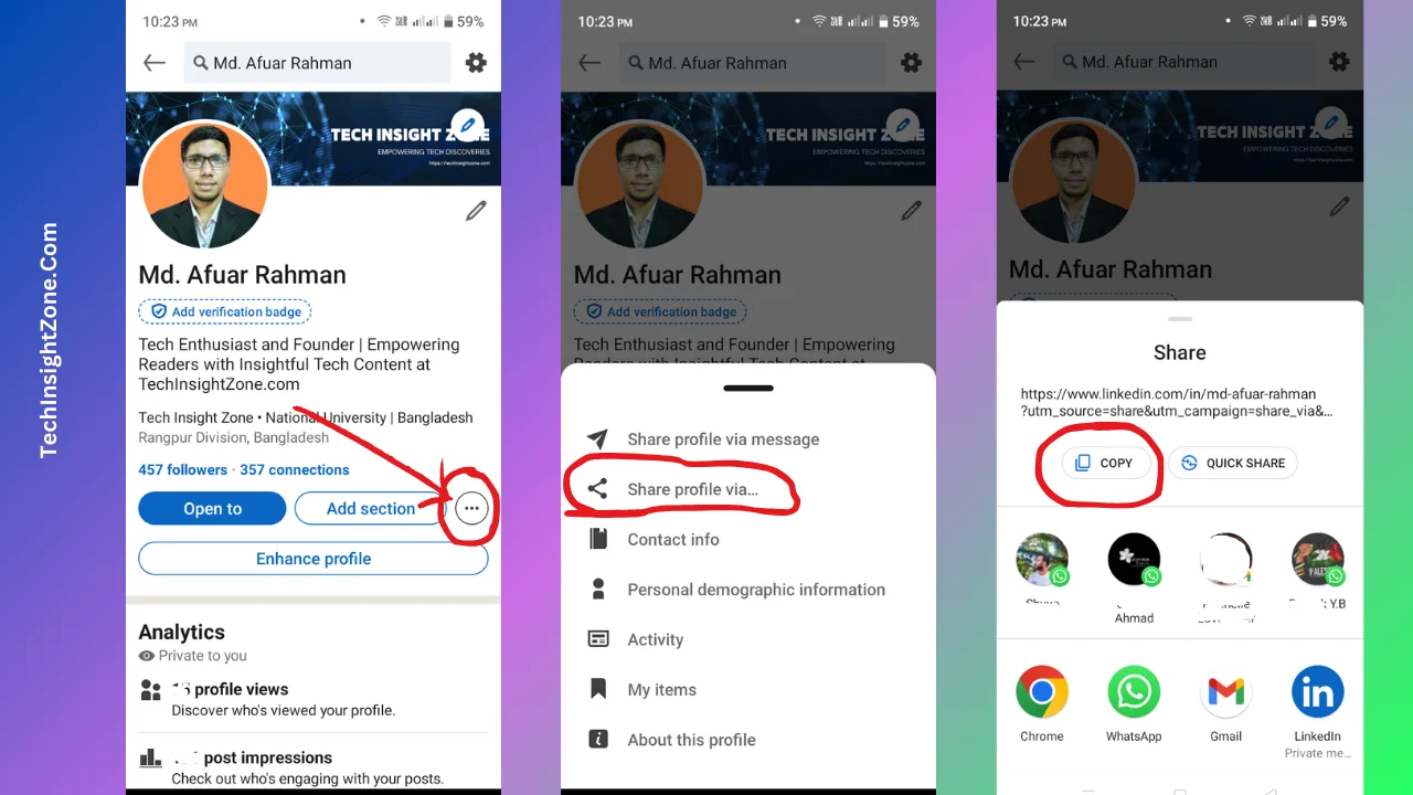 Copying LinkedIn Profile URL