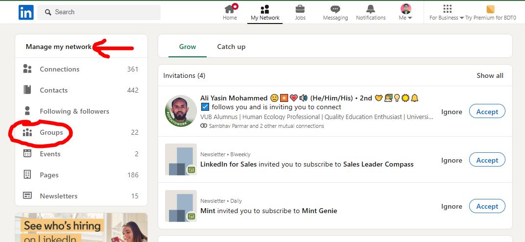 Go to My Network to Find the Groups section