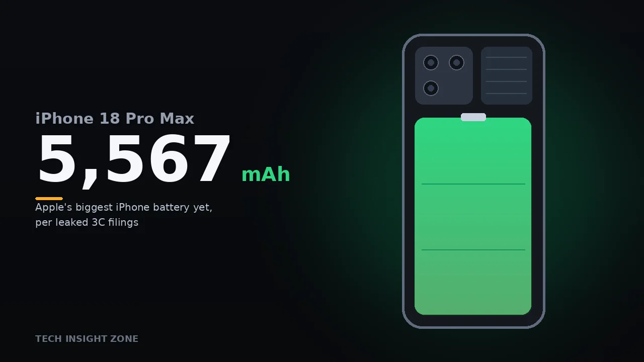 Illustration of an iPhone chassis with the battery cell exposed, labelled 5,567mAh for the rumored iPhone 18 Pro Max