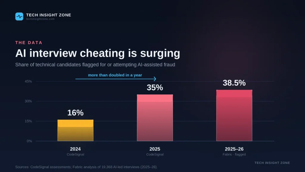 Bar chart showing AI interview cheating rising from 16% in 2024 to 35% in 2025 and 38.5% by 2026.