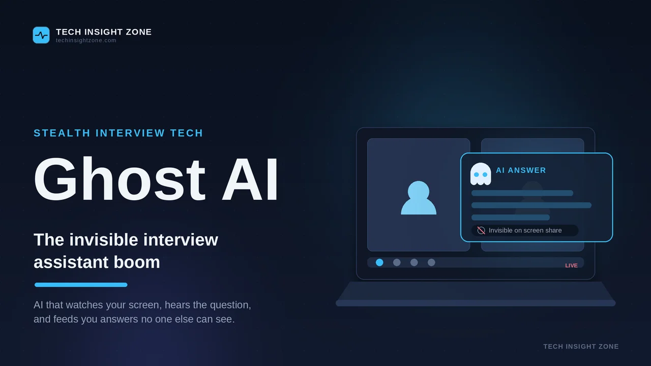Translucent AI answer panel floating over a remote job interview on a laptop, visible only to the candidate.