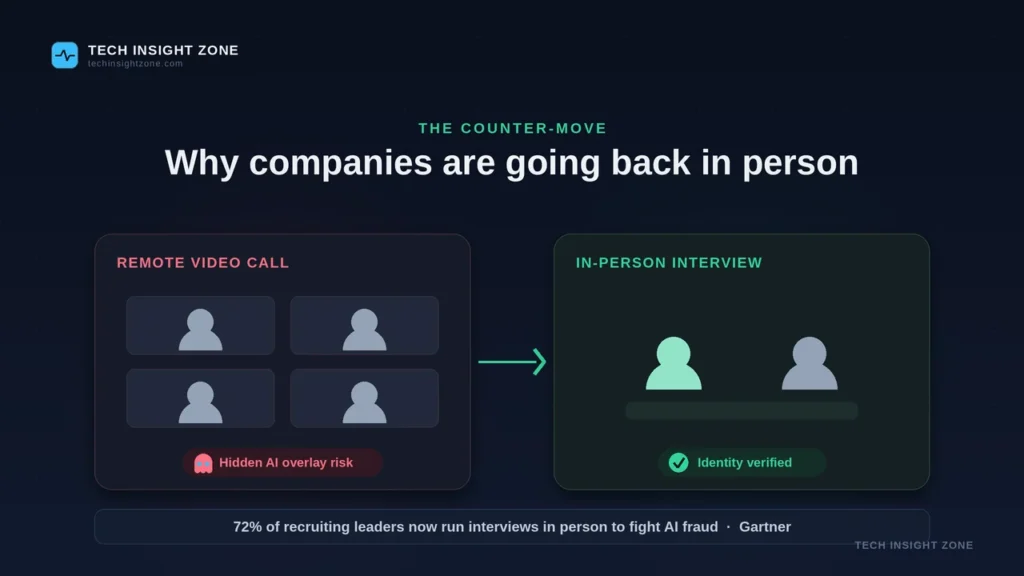 Comparison of a remote video interview flagged for hidden AI-overlay risk versus a verified in-person interview.