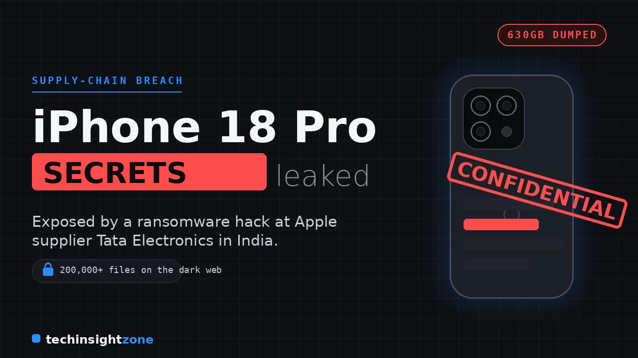 iPhone 18 Pro with a red CONFIDENTIAL stamp and redaction bars, marking the Tata Electronics breach that leaked 630GB of Apple data.