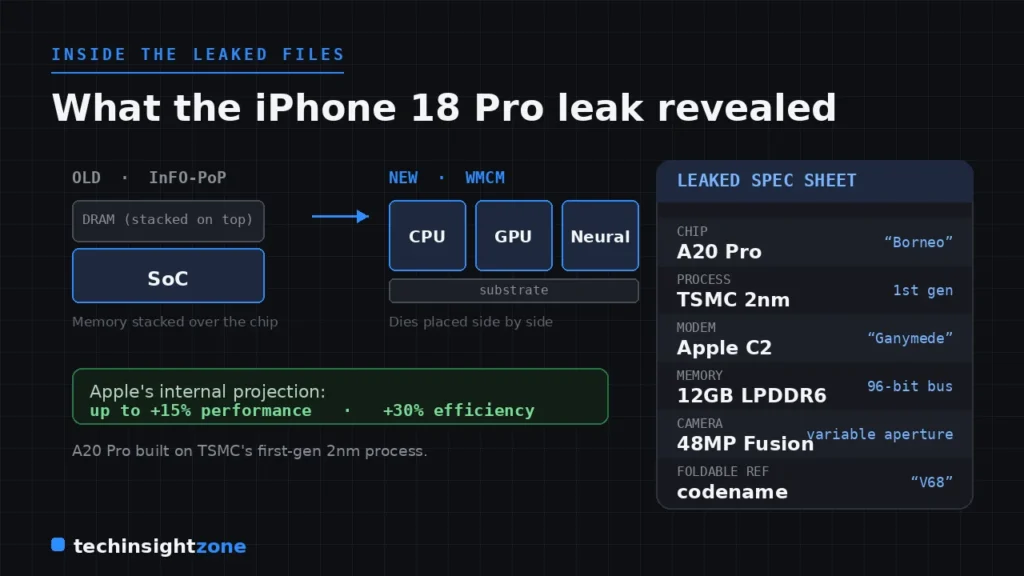 Diagram comparing Apple's new WMCM chip packaging to the older InFO-PoP design, beside a leaked iPhone 18 Pro spec sheet.