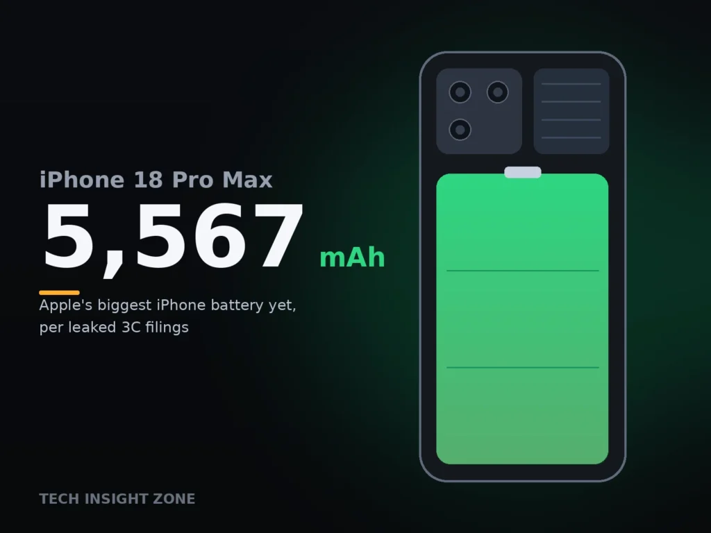 Bar chart comparing battery gains: iPhone 18 Pro adds 36mAh while iPhone 18 Pro Max adds 479mAh
